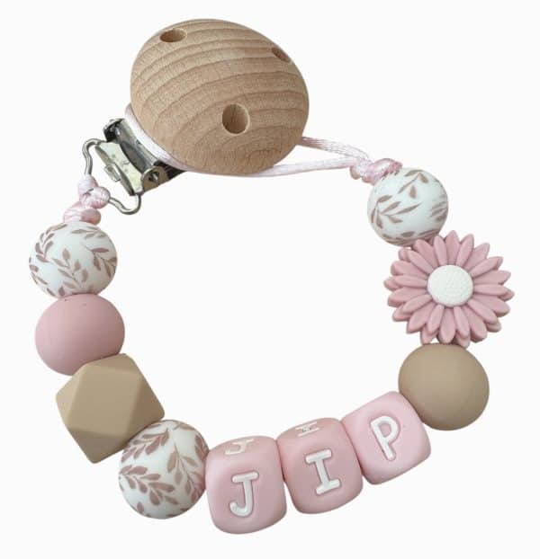 Speenkoord met naam ‘June' - Licht roze/ bloem/ zand - Afbeelding 2